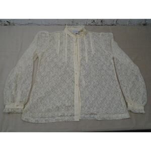 VTG Womens Shapely Lace Blouse Floral Ivory Ruffels Pearl Button Sz 16 Victorian